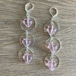HAND CRAFTED EARRINGS Pink Hearts Silver Rings Drop Dangle Valentine’s Day